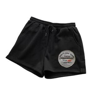 Via Penny Lane Reworked Apparel | Don’t Cha Black Graphic Shorts Medium